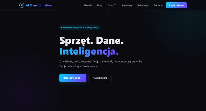 Strona od Qwen3.6-27B: ciemne tło z cząsteczkami, gradientowy napis Inteligencja